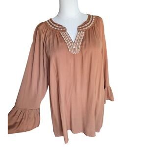 Hayden Los Angeles Boho Embroidered Tunic Top 1XL NWT Brown Rayon Blouse